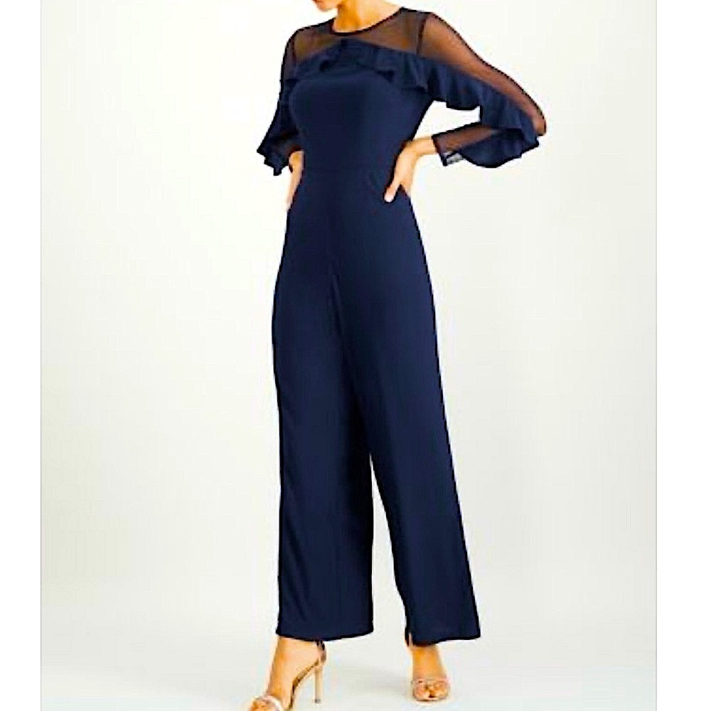 R&M Richards New Wide Leg Jumpsuit Ruffle Illusion Mesh Navy Size 14 Petite